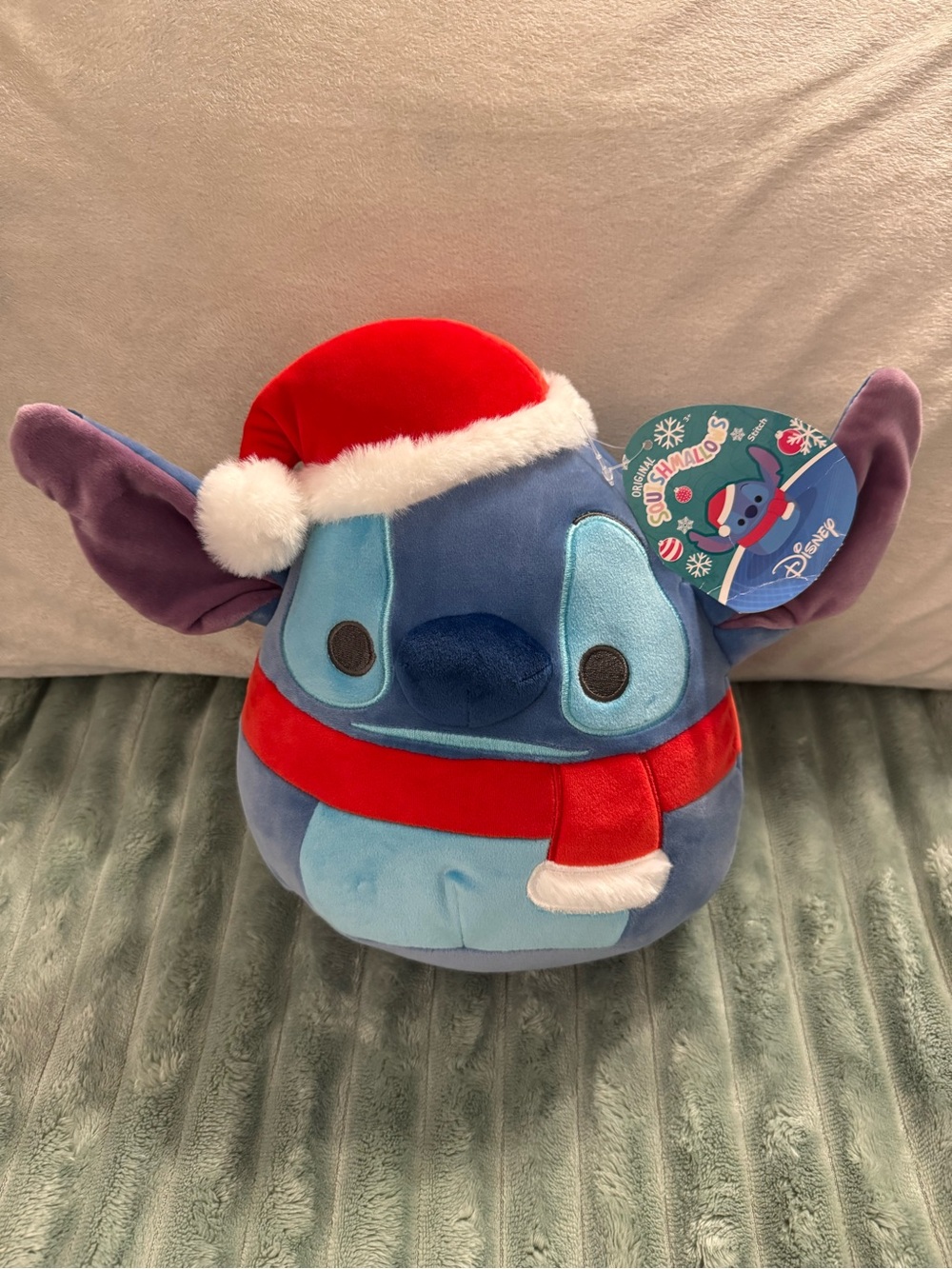 Disney Blue Stitch Holiday Squishmallow with Red Hat and Scarf